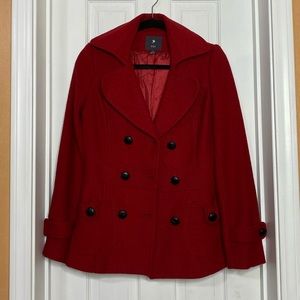 Red peacoat with black accents